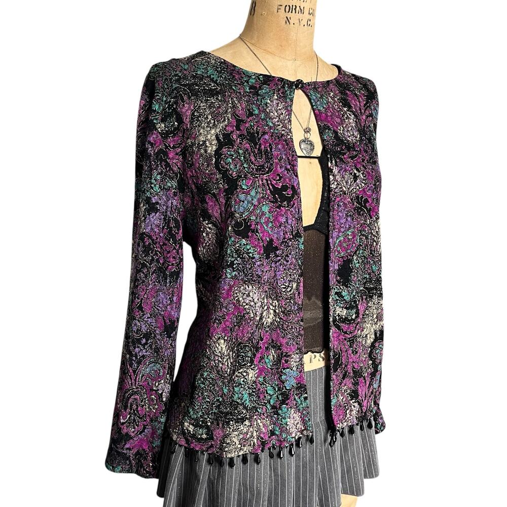 MSK Retro Print Open Front‎ Top Beaded Tassel Hem Layering Size L - Picture 2 of 9
